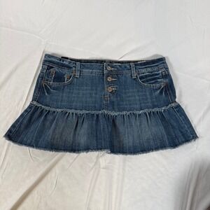 Vanity Denim Mini Skirt Womens 11 Blue Ruffle Hem Button Fly Raw Edge Y2K Preppy